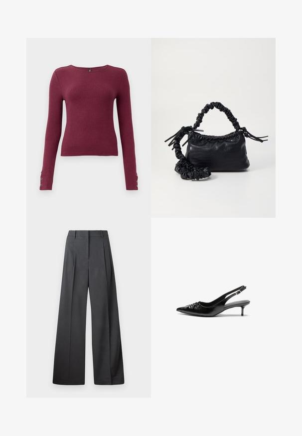 Burgundy long-sleeve ribbed sweater with a round neckline and button accents on the cuffs. Made from a textured knit material.; Wide-leg trousers in dark gray fabric, featuring a high waist, single pleats, and a smooth texture with a clean finish at the hems.; Black leather slingback heels with a pointed toe, low kitten heel, and gathered detail on the vamp. Smooth texture and minimalist design.; Black faux leather handbag with a crocodile texture, cinched top, and a scrunched strap. Appears soft and compact in design.