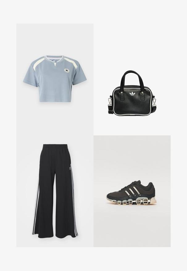 Lyhythihainen vaaleansinisestä kankaasta valmistettu lyhyt t-paita. Kankaasta löytyy vaaleanbeigeitä yksityiskohtia ja pyöreä logo rinnassa. Pyöreä pääntie.; Mustat löysät verkkarit, joissa on joustava vyötärö, valkoiset sivuraidat ja brodeerattu logo vasemmassa reidessä.; Musta urheilujalkine, jossa on teksturoitu päällinen, kolme hopeista raitaa ja erottuva vaimennustuli, jonka rakenne koostuu useista integroituista osista.; Musta nahkainen käsilaukku, jossa on kaksi lyhyttä kahvaa, hopeiset yksityiskohdat, valkoiset tehosteet ja valkoinen logo. Sisältää teksturoidun pinnan ja kompaktin muotoilun.