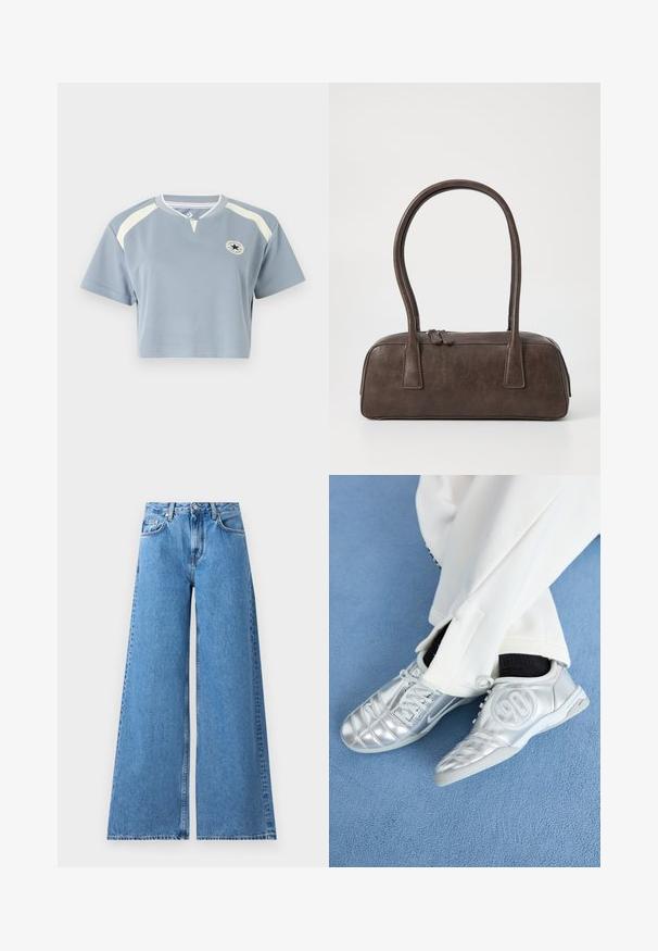 Strihnuté tričko v svetlom modrom materiáli s krátkymi rukávmi. Má krémové akcenty a okrúžny logo na hrudi. Okrúhly výstrih.; Široké modré denimové džínsy s vysokým pásom, ktoré majú klasický dizajn s piatimi vreckami a švy pozdĺž strán pre dodatočný detail.; Strieborné atletické topánky s hladkým, lesklým povrchom, zdobené prešitím a číslom 90 na boku, skombinované s bielymi nohavicami.; Hnedá kožená kabelka s dvoma pevným uchami, obdĺžnikovým tvarom, hladkým povrchom a zipsovým uzáverom. Minimalistický dizajn bez viditeľných vzorov.
