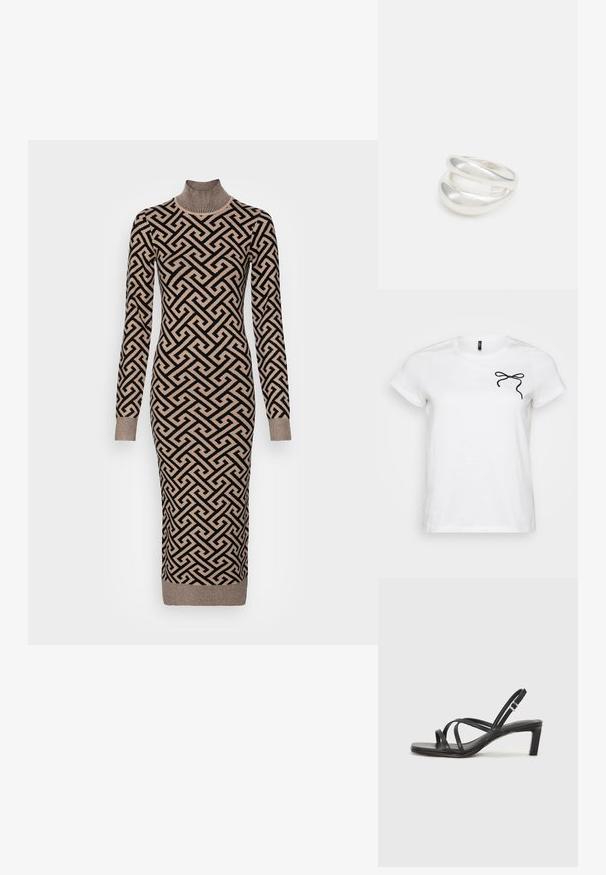 Valkoinen lyhythihainen t-paita, jossa on musta solmiosuunnittelu vasemmassa rinnan kohdalla, asetettuna yksinkertaiselle taustalle.; Pitkähiha-äknitted mekko korkealla kauluksella, jossa on geometrinen musta ja beige kuvio, ribatoidut hihansuut ja istuva siluetti.; Mustat hihnalligat, joissa on neliön muotoinen kärki ja matala lohkokorko. Ominaisuuksiin kuuluu useita ohuita hihnoja ja säädettävä nilkkahihna. Valmistettu sileästä nahasta.; Musta nahkainen olkalaukku, jossa on sileä pinta, suorakulmainen muoto ja metalliketju yksityiskohtana edessä. Mukana säädettävä hihna.; Hopeinen kaksinkertainen rengas, jossa on sileä, kiillotettu pinta. Siinä on sulava, kaareva muotoilu, jossa on päällekkäisiä osia modernin ilmeen saavuttamiseksi.