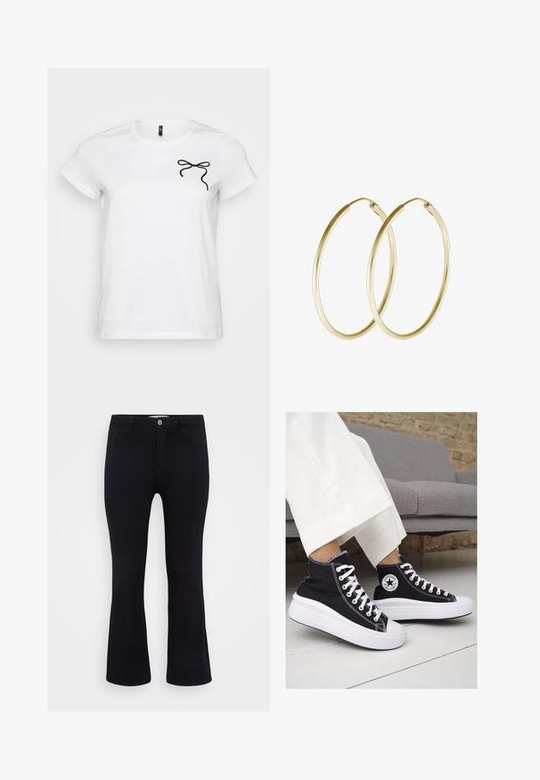 Bela majica s kratkimi rokavi, ki na levem prsnem delu vsebuje črn design v obliki metuljčka, na enobarvni podlagi.; ONLY Carmakoma CARTHUNDER PUSH UP - Kavbojke na trapez - black denim; Črne platnene visoke superge z belimi gumijastimi podplati in vezalkami. Imajo krožni logotip na strani in kontrastno bele šive.; Zlate obročaste uhane z gladkim, zaobljenim dizajnom in sijočo končno obdelavo. Lahka konstrukcija z varnim zapiranjem.