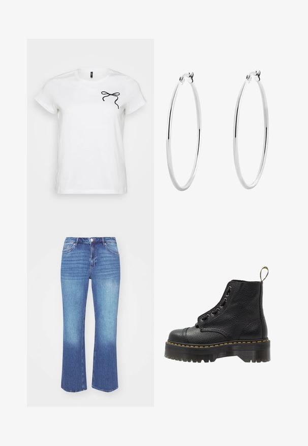 Hvid kortærmet t-shirt med et sort bånddesign på venstre brystområde, sat mod en ensfarvet baggrund.; Denim jeans i en lys til medium blå gradient. Har en lige ben skæring, fem lommer og syede detaljer langs sømmen.; Sorte læder ankelstøvler med tekstureret overflade, rund tå, snørebåndsdesign, gule stikninger og en tyk, rillet sort platformsål.; Sølv øreringe med en glat, poleret overflade og en sømløs design, der har afrundede kanter og en sikker lukning.