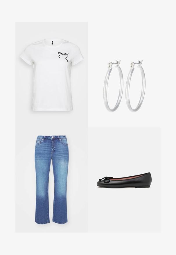 Hvid kortærmet t-shirt med et sort bånddesign på venstre brystområde, sat mod en ensfarvet baggrund.; Denim jeans i en lys til medium blå gradient. Har en lige ben skæring, fem lommer og syede detaljer langs sømmen.; Sort læderballerina med rund tå, har en dekorativ sløjfe og glat tekstur. Minimalistisk design med en lav, flad sål.; Sølv hoop øreringe med en glat, poleret overflade. Rund form og sikker klik-lukning. Letvægtsdesign, der er velegnet til hverdagsbrug.