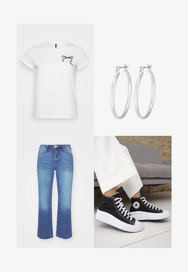 T-shirt bianco a maniche corte con un design di fiocco nero sulla parte sinistra del petto, su uno sfondo uniforme.; Jeans in denim con una sfumatura di blu chiaro a medio. Presentano un taglio dritto, cinque tasche e dettagli cuciti lungo le cuciture.; Sneakers nere alte con suole e lacci in gomma bianca. Presentano una toppa con logo rotondo e cuciture a contrasto bianche. Materiale in tela.; Orecchini a cerchio in argento con una finitura liscia e lucida. Forma rotonda e chiusura a scatto sicura. Design leggero adatto per l'uso quotidiano.
