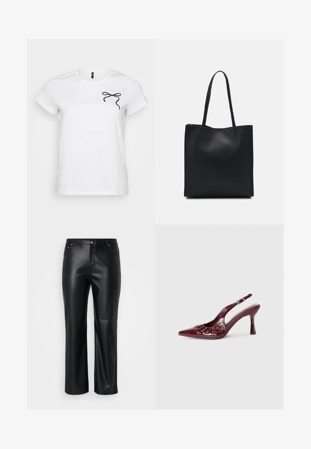 White short-sleeve t-shirt featuring a black bow design on the left chest area, set against a plain background.; Black faux leather pants with a straight cut, featuring belt loops, front pockets, and a zip fly with a button closure. Smooth texture.; Burgundy patent leather slingback heels with a pointed toe and ruffled detailing, featuring a slender heel and an adjustable ankle strap.; Black leather tote bag with smooth texture, rectangular shape, and two long handles. No visible hardware or embellishments.