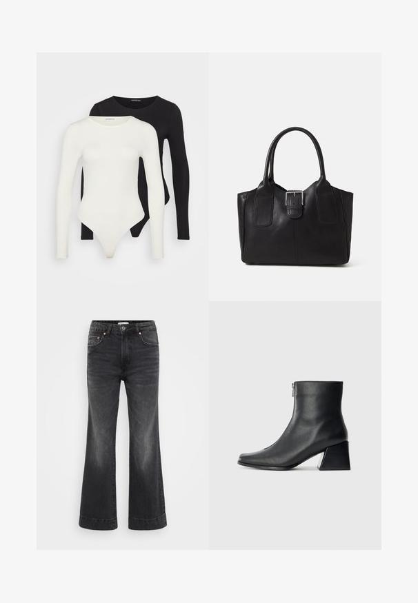 Kaksi pitkähihasta bodya valkoisena ja mustana. Valmistettu sileästä kankaasta, jossa on pyöreät kaula-aukot ja thong-takaosa sujuvaa käyttöä varten.; Mustat leveälahkeiset farkut korkealla vyötäröllä, valmistettu denimistä. Ominaisuuksiin kuuluu etutaskut, kuparin väriset niitit ja näkyvät tikkausviivat helmassa.; Mustat nahka nilkkurit, joissa on nelikulmainen kärki, sivuvetoketju ja lohkarekorko, taustalla vaalea yksinkertainen tausta.; Musta nahkainen olkalaukku, jossa on sileä pinta, ryhdikäs muoto, kaksi kahvaa ja silmienpistävä hopeinen solkiyksityiskohta edessä.