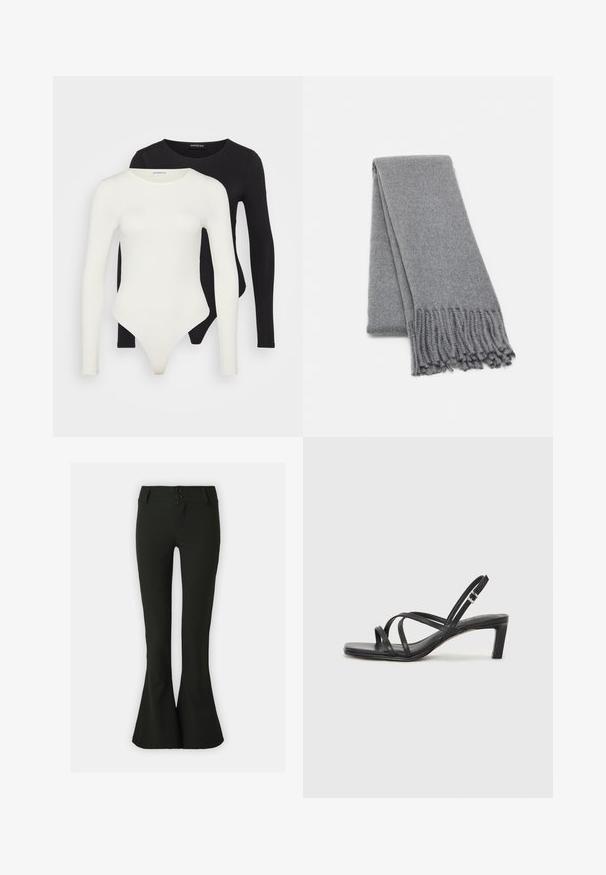 Két hosszú ujjú bodyn fehér és fekete színben. Simább anyagból készült, kerek nyakkivágással és tanga fazonú alsó résszel a simább viselet érdekében.; Fekete, enyhén bővülő nadrág sima anyagból, magas derékkal, két gombos záródással és karcsúsított sziluettel.; Fekete pántos szandál négyzetes orral és alacsony blokk sarkal. Több vékony pánttal és állítható boka pánttal rendelkezik. Sima bőrből készült.; Szürke gyapjú sál, puha tapintással, rojtos szélekkel és egyszerű dizájnnal. Gondosan hajtogatva, megjelenítve hosszúkás formáját.