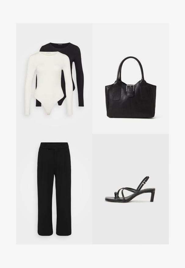 Two long-sleeve bodysuits in white and black. Made of smooth fabric, featuring round necklines and a thong bottom for streamlined wear.; Black wide-leg pants made of a smooth fabric, featuring a flat front, belt loops, and no visible pockets. Clean, tailored design.; Black strappy sandal with a square toe and a low block heel. Features multiple thin straps and an adjustable ankle strap. Made of smooth leather.; Black leather tote bag with smooth texture, structured shape, two handles, and a prominent silver buckle detail on the front.