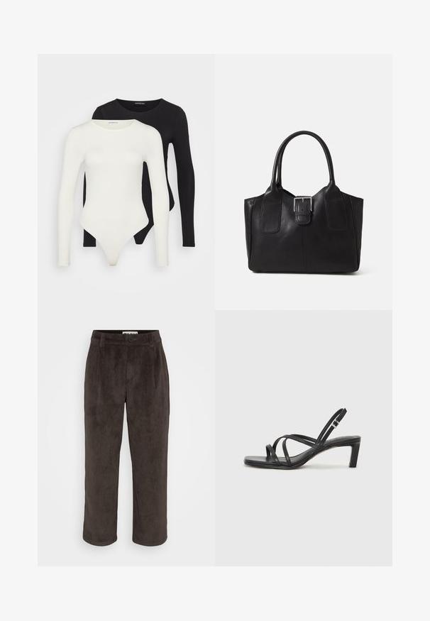 To langermagede bodysuit i hvit og svart. Laget av glatt stoff, med rund hals og en thong-bunn for en strømlinjeformet passform.; Brune corduroy bukser med en lige ben design, subtil tekstur og en frontknaplukning med sidelommer.; Sorte sandaler med stropper, firkantet tå og lav blokk hæl. Har flere tynne stropper og en justerbar ankelstropp. Laget av glatt lær.; Svart skinn toteveske med jevn tekstur, strukturert form, to håndtak og en fremtredende sølvspenne foran.