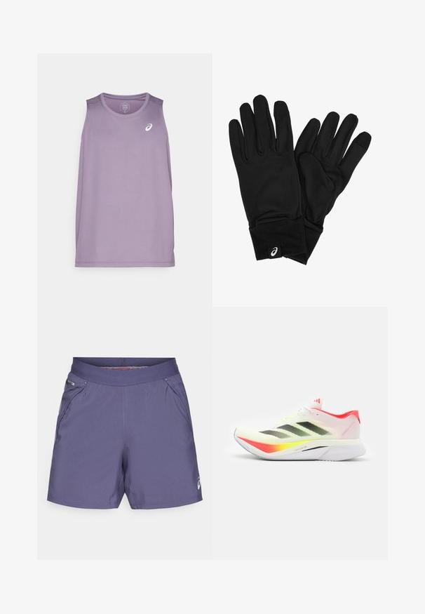 Purple athletic tank top with a round neckline and no sleeves. Features a small white logo on the chest. Made of lightweight fabric.; Men's athletic shorts in purple, made of lightweight fabric. Features an elastic waistband and side pockets with a small logo on the hem.; Running shoe featuring a lightweight white mesh upper with black stripes, neon yellow accents, a pink heel, and a curved white outsole.; Black gloves made of a soft, stretch fabric with a snug fit. Includes a thick cuff and a small logo tag on the wrist area.