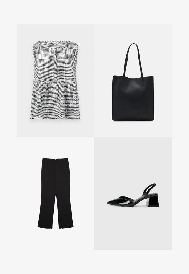 Haut sans manches noir et blanc à carreaux avec un devant à boutons et un ourlet en peplum, présentant un tissu texturé et des sequins brillants.; Pantalon noir avec une coupe droite, doté de poches avant et d'éclairs sur l'ourlet. Fabriqué en tissu doux et lisse. Convient à diverses occasions.; Escarpins en cuir verni noir avec bout pointu et talon bloc géométrique. Présente un design élégant et minimaliste ainsi qu'une texture lisse.; Sac fourre-tout en cuir noir avec une texture lisse, de forme rectangulaire et deux longues poignées. Pas de matériel ou d'ornementations visibles.