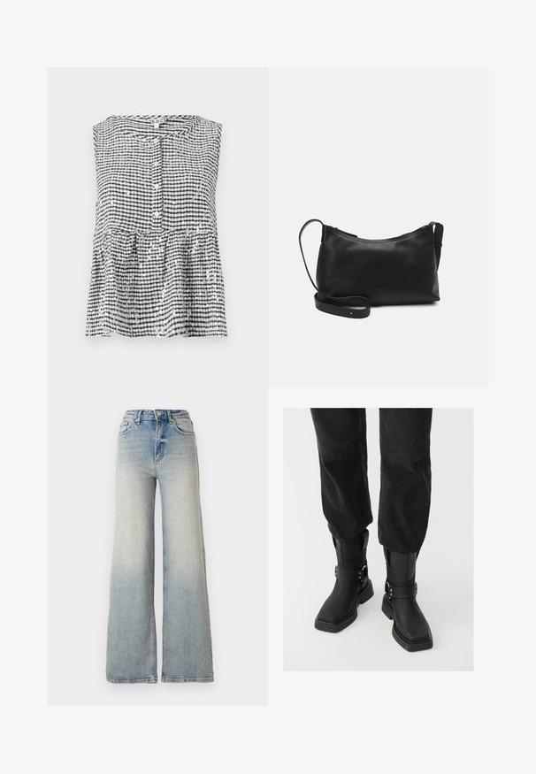 Haut sans manches noir et blanc à carreaux avec un devant à boutons et un ourlet en peplum, présentant un tissu texturé et des sequins brillants.; Jeans large en denim bleu clair, à taille haute, avec cinq poches et couture visible le long des coutures.; Bottes noires en cuir jusqu'à la cheville avec un bout carré, dotées d'une large sangle et d'un détail de boucle en métal. Les bottes ont une semelle épaisse et une texture lisse.; Sac à épaule en cuir noir avec une texture lisse, une forme courbée, une bandoulière ajustable et une fermeture éclair. Design minimaliste sans embellissements.