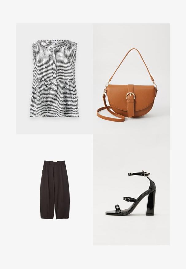 Ærmeløs top i sort og hvid tern med knaplukning og peplum-eddike, der har et tekstureret stof og skinnende pailletter.; Sorte brede bukser lavet af et glat stof, med høj talje, forfaldne folder og sidelommer. Simpelt design uden udsmykninger.; Sorte patenterede hælsandaler med firkantet tå, ankelremme og sølvspænder. Har en chunky blokHæl for stabilitet.; Brun læder crossbody taske med en buet form, guldfarvet hardware og en spændeaccent. Har en aftagelig skulderrem.