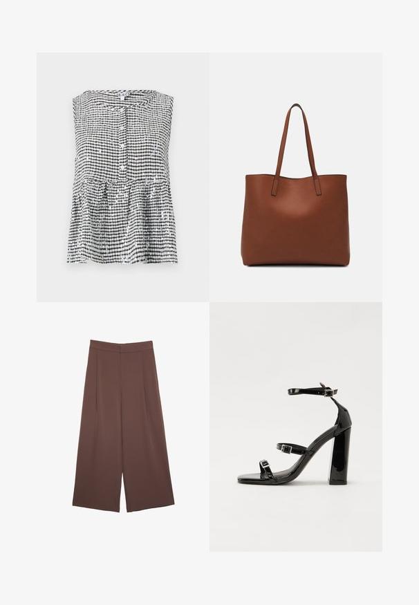 Ärmelloses schwarz-weiß kariertes Oberteil mit Knopfleiste und Peplum-Saum, das aus einem strukturierten Stoff mit glänzenden Pailletten gefertigt ist.; Braune Weite-Leg-Hosen mit einer glatten Textur, hoher Taille und Vorderfalten. Der Stoff ist leicht und fällt locker.; Schwarze patentierte Sandalen mit Absatz, quadratischer Spitze, Knöchelriemen und silbernen Schnallen. Mit einem stabilen Blockabsatz für mehr Stabilität.; Braune Leder-Tote mit glatter Textur, offenem Oberteil und zwei Schulterriemen. Verfügt über minimale Nähte und keine sichtbaren Beschläge.