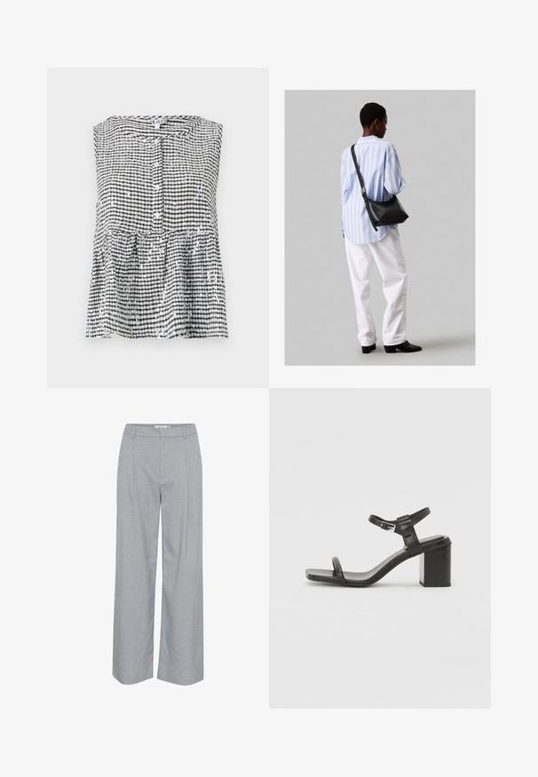 Ermeløs svart og hvit rutete topp med knapper foran og peplum-slutt, med teksturert stoff og glitrende paljetter.; Lys grå, vide bukser med en glat tekstur, som har frontfolder og en flad talje. Minimalistisk design, ingen synlig hardware.; Sorte lærblokkhæl sandal med en bred rem over tærne og en justerbar ankelrem, med et stilrent, minimalistisk design.; Svart lær skulderveske med en myk tekstur, trekantet form og justerbar stropp, kombinert med en lyseblå stripete skjorte og hvite bukser.