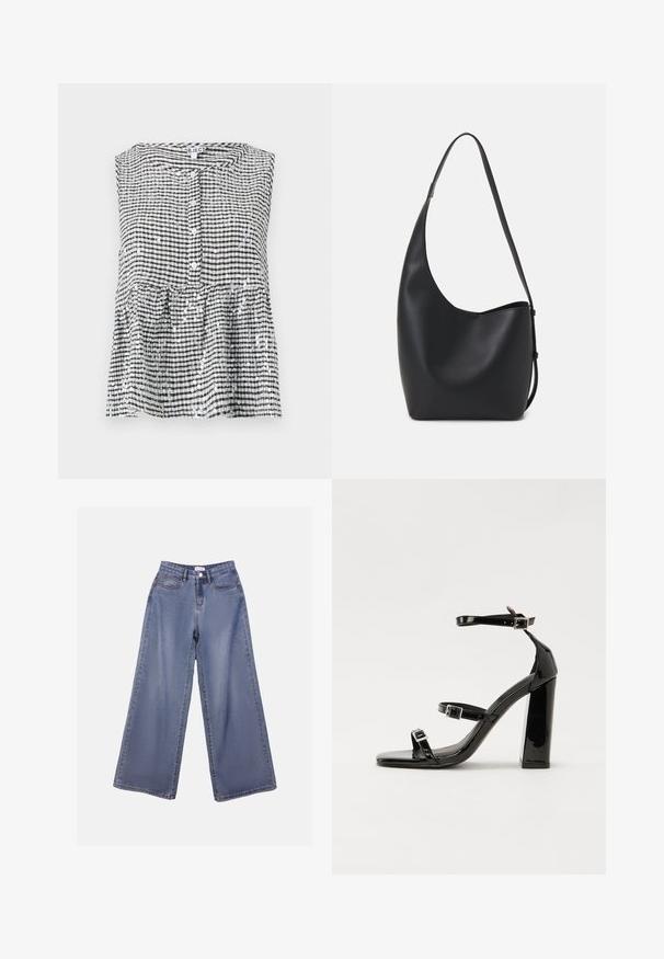 Top sem mangas em preto e branco com padrão xadrez, com frente de botões e bainha peplum, apresentando um tecido texturizado e brilhantes lantejoulas.; Calças de ganga de perna larga numa lavagem azul clara, com uma cintura alta, bolsos frontais e fecho de botão com passadores para cinto.; Sandálias de tacão preto laqueadas com bico quadrado, tiras para o tornozelo e fivelas prateadas. Apresentam um salto bloco chunky para estabilidade.; Saco hobo preto em pele com uma textura lisa, forma curva e uma única alça ajustável; apresenta uma abertura larga na parte de cima.