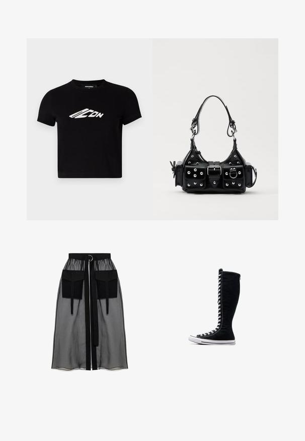 Juodas medvilnės trumpas marškinėliai su trumpomis rankovėmis ir baltu logotipo grafiku priekyje. Lygus paviršius, apvalus kaklas.; Juoda permatoma sijonas su surinkta liemene, dviem didelėm priekinėm kišenėm, liemens raišteliu ir apvaliu metaliniu akcentu.; Juodos aukštos sportinės bateliai su aukštu dizainu, pagaminti iš kanvo. Su baltais raišteliais, siūlėmis ir guminėmis padais su pirštų kepurėle.; Juodas odinis rankinukas su kreiviu dizainu, su sidabro spalvos knopkėmis, užsegimu ir dviem šoninėmis kišenėmis. Reguliuojama dirželis nešimui.