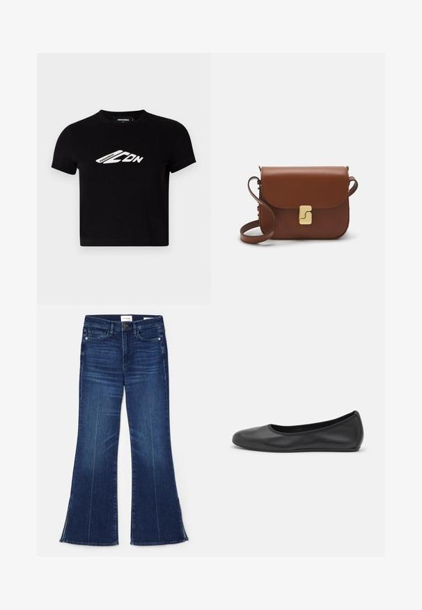 Sort bomulds cropped t-shirt med korte ærmer og et hvidt logo grafik på fronten. Glat tekstur, rund halsudskæring.; Mørkeblå flagrende jeans lavet af denim. Har høj talje, forlommer og splitdetaljer i kanten. Klassisk fem-lomme design.; Sort læderballetsko med rund tå, glat tekstur, minimal syning og et fleksibelt såldesign.; Brun læder håndtaske med flaplukning, hardware i gyldent tone, en skulderrem og en glat overflade. Kompakt rektangulær form.