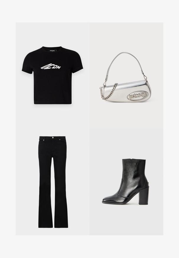 Black cotton cropped t-shirt featuring short sleeves and a white logo graphic on the front. Smooth texture, crew neckline.; Black flared jeans made of denim, featuring two front pockets, a button closure, and a smooth texture. Signature stitching visible at seams.; Black leather ankle boot with a smooth texture, pointed toe, and a chunky high heel. Features a side opening and minimalistic design.; Silver metallic handbag with a rounded triangular shape, featuring a logo, chain strap, and smooth texture. Zipper closure on the side.