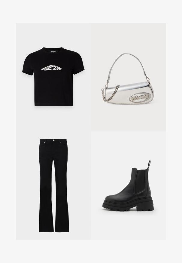 Svart kortärmad bomullströja med korta ärmar och en vit logotypgrafik på framsidan. Slät textur, rundad halsringning.; Svarta utsvängda jeans i denim, med två framfickor, knäppning och en slät textur. Signaturstickning synlig vid sömmarna.; Svarta chelsealetter i slankt läder med elastiska sidopaneler, en tjock, räfflad gummisula och en dragflik baktill.; Silverfärgad metallhandväska med rundad triangelform, utrustad med en logotyp, kedjerem och slät yta. Dragkedjeslutning på sidan.
