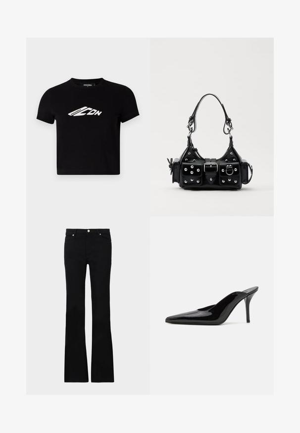 T-shirt court en coton noir avec des manches courtes et un graphique logo blanc sur le devant. Texture lisse, encolure ras-du-cou.; Jean évasé noir en denim, avec deux poches avant, une fermeture à bouton et une texture lisse. Couture signature visible aux coutures.; Mule en cuir verni noir à talon haut avec un bout pointu et une silhouette épurée, doté d'un dos ouvert et d'un talon aigu slender.; Sac à main en cuir noir au design courbé, avec des clous en argent, une boucle et deux poches latérales. Bandoulière réglable pour différentes options de transport.