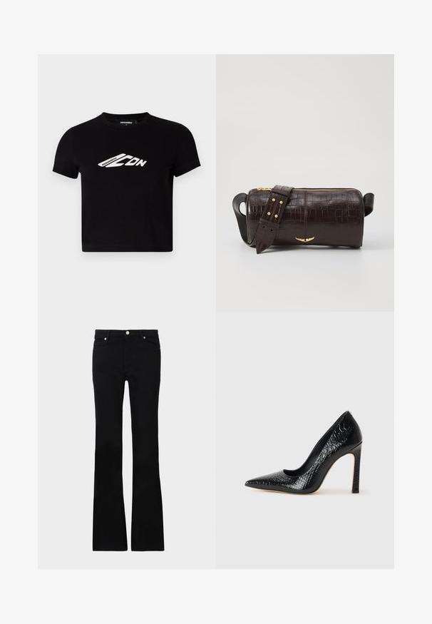 Zwarte katoenen cropped t-shirt met korte mouwen en een witte logo grafiek aan de voorkant. Soepele textuur, ronde hals.; Zwarte flared jeans van denim, met twee voorzakken, een knoopsluiting en een gladde textuur. Kenmerkende stiksels zichtbaar bij de naden.; Zwarte puntige hoge hak schoen met een krokodillenleren textuur, met een slank ontwerp, hoge stiletto-hak, en een gladde zwarte binnenkant.; Bruine krokodil-embosserende leren tas met een cilindervorm, gouden hardware en een afneembare schouderband met studs.