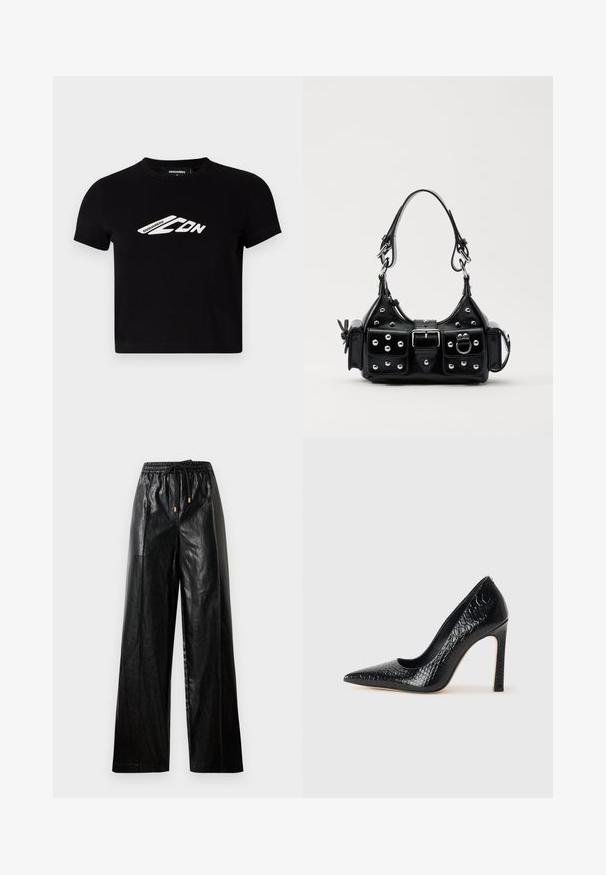 Crna pamučna kratka majica s kratkim rukavima i bijelim logotipom na prednjem dijelu. Glatka tekstura, okrugli dekolte.; Crne kožne hlače širokog kroja s elastičnim pojasom, pertlama i zlatnim detaljima. Glatka tekstura i slobodan kroj.; Crne visoke potpetice s oštrim prstima, od teksture krokodilske kože, elegantnog dizajna, visoke stiletto potpetice i glatkog crnog unutrašnjosti.; Crna kožna torba s zakrivljenim dizajnom, koja sadrži srebrne zakovice, kopču i dva bočna džepa. Podesiva traka za različite opcije nošenja.