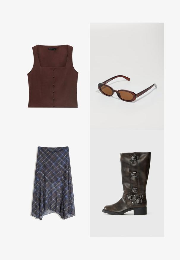 Top senza maniche marrone con scollatura quadrata, caratterizzato da dettagli di bottoni frontali e un tessuto liscio e testurizzato.; Gonna a quadri nera con linee blu e marroni, design fluido, di lunghezza media, realizzata in tessuto leggero con una texture morbida.; Stivali alti in pelle marrone con multiple fibbie, punta rotonda e tacco basso e chunky. Presentano una finitura testurizzata e cinturini regolabili.; Occhiali da sole rotondi con tonalità marrone, montatura lucida color bordeaux. Aste sottili con un sottile dettaglio del marchio. Design delle lenti piatte.; Borsa a tracolla in pelle marrone con forma curva, accessori in argento e due tasche con zip sul davanti. Inclusa una tracolla regolabile.