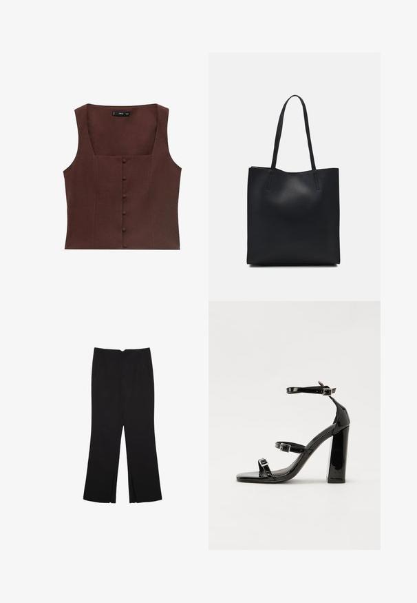 Brauner ärmelloser Top mit quadratischem Ausschnitt, der über die Vorderseite Knopfdetails und einen glatten, strukturierten Stoff verfügt.; Schwarze Hose mit geradem Schnitt, ausgestattet mit Fronttaschen und Seitenschlitzen am Saum. Hergestellt aus weichem, glattem Stoff. Geeignet für verschiedene Anlässe.; Schwarze patentierte Sandalen mit Absatz, quadratischer Spitze, Knöchelriemen und silbernen Schnallen. Mit einem stabilen Blockabsatz für mehr Stabilität.; Schwarze Laptoptasche aus Leder mit glatter Textur, rechteckiger Form und zwei langen Griffen. Keine sichtbaren Beschläge oder Verzierungen.