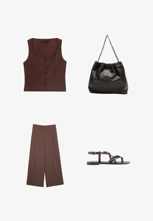 Brauner ärmelloser Top mit quadratischem Ausschnitt, der über die Vorderseite Knopfdetails und einen glatten, strukturierten Stoff verfügt.; Braune Weite-Leg-Hosen mit einer glatten Textur, hoher Taille und Vorderfalten. Der Stoff ist leicht und fällt locker.; Braune Leder-Sandale mit überkreuzten Riemen, einem Knöchelriemen mit Schnalle und einer flachen Sohle mit minimalen Nähdetails.; Braune Lederhandtasche mit gerafftem Oberteil und Kettenriemen. Glatte Textur mit glänzendem Finish und subtilen Nahtdetails an den Seiten.