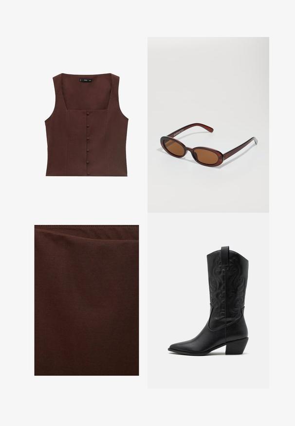 Hnědý bezrukávový top se čtvercovým výstřihem, který se vyznačuje detaily knoflíků na přední straně a hladkým, texturovaným materiálem.; Tmavě hnědá tkanina, hladká textura, mírně lesklý povrch, bez viditelných vzorů či akcentů, má čistý a jednoduchý design.; Černá kožená kovbojská bota s špičatou špičkou, vytlačenými spirálovými vzory a středně vysokým podpatkem. Obsahuje poutko pro snadné obouvání.; Kulaté sluneční brýle hnědé barvy s lesklým burgundským rámem. Úzké nožičky s jemným logem. Rovné čočky.