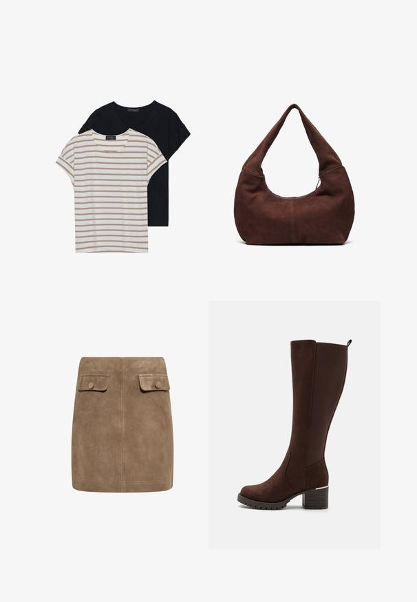 To T-shirts: en sort, en hvid med beige striber. Begge har rund hals og korte ærmer, lavet af blødt, let materiale.; Brun ruskind mini nederdel med en glat tekstur, der har to frontlommer med flap og knaplukninger på hver side. Enkel, lige design.; Brune ruskinds knæhøje støvler med en tekstureret overflade, rund tå og en kraftig blokhæl. Har elastiske sidepaneler for ekstra komfort.; Brun ruskinds hobo taske med et buet, bredt håndtag og en stor åbning. Blød tekstur med synlige stikninger langs kanterne.