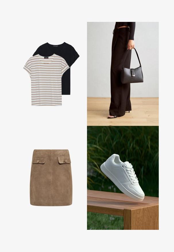 Dos camisetas: una negra y una blanca con rayas beige. Ambas tienen cuello redondo y mangas cortas, y están hechas de una tela suave y liviana.; Mini falda de ante marrón con una textura suave, que presenta dos bolsillos frontales con solapa y cierres de botón a cada lado. Diseño simple y recto.; Zapatilla blanca con un upper sintético suave, caja de dedos perforada, cordones planos y una suela texturizada, exhibida sobre una superficie de madera.; Bolso negro con forma estructurada, textura suave y un cierre metálico. Combinado con pantalones anchos negros y sandalias de dedo en un suelo de madera.
