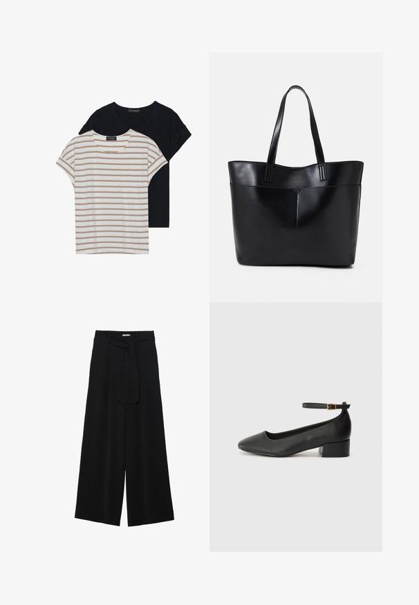 Dve majice: ena črna, ena bela s bež črtami. Obe imata okrogla ovratnika in kratke rokave, narejene iz mehkega, lahkega materiala.; Črne široke hlače iz teksturirane tkanine, z elastičnim pasom in odstranljivim trakom na pasu za prilagodljivo prileganje.; Črne usnjene pumpice z nazobčanimi prsti in nizko blokasto peto. Imajo trak okoli gležnja z zaponko v zlatem tonu. Gladka tekstura.; Črna usnjena torba z dvema dolgima ročajema, gladko teksturo in strukturirano obliko. Ima sprednji žep za dodatno shranjevanje.