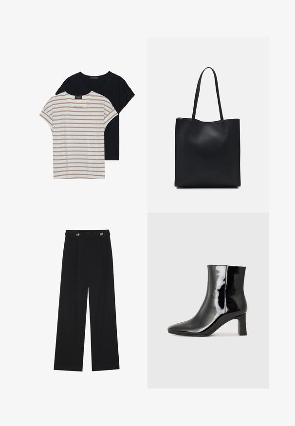 To T-shirts: en sort, en hvid med beige striber. Begge har rund hals og korte ærmer, lavet af blødt, let materiale.; Sorte vide bukser med høj talje, knapdetaljer på taljebåndet og frontfald.; Sort lakeret ankelstøvle med spids tå og en midt-højde blokhæl. Glat tekstur og minimalistisk design.; Sort læder tote taske med glat tekstur, rektangulær form og to lange hanke. Ingen synlig hardware eller udsmykninger.