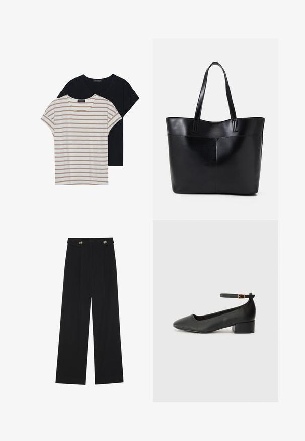 Dos camisetas: una negra y una blanca con rayas beige. Ambas tienen cuello redondo y mangas cortas, y están hechas de una tela suave y liviana.; Pantalones de pierna ancha negros con cintura alta, detalles de botones en la cinturilla y pliegues en la parte delantera.; Zapato de tacón negro de cuero con punta afilada y tacón bajo cuadrado. Presenta una correa para el tobillo con una hebilla en tono dorado. Textura suave.; Bolso tote de cuero negro con dos asas largas, textura suave y forma estructurada. Cuenta con un bolsillo frontal para almacenamiento adicional.