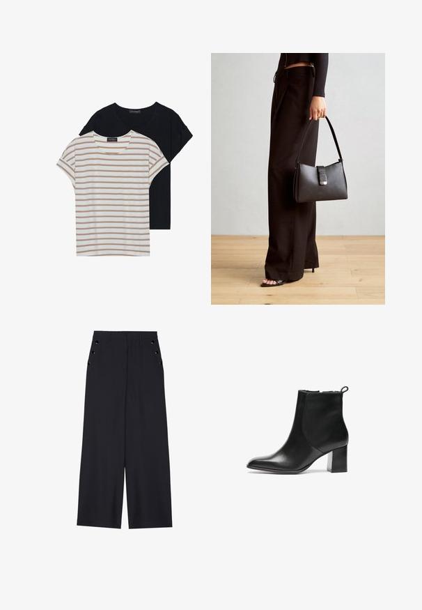 Dvě trička: jedno černé, jedno bílé s béžovými pruhy. Obě mají kulatý výstřih a krátké rukávy, vyrobená z měkké, lehké tkaniny.; Široké kalhoty z tmavě námořnické látky, s hladkou texturou, předními sklady a dekorativními zlatými nýty na bočních kapsách.; Černá kožená kotníková bota s kulatou špičkou, středně vysokým blokovým podpatkem a poutkem na zadní straně. Hladká textura, minimalistický design.; Černá kabelka se strukturovaným tvarem, hladkým povrchem a kovovým uzávěrem. Kombinována s širokými černými kalhotami a sandály s otevřenou špičkou na dřevěné podlaze.