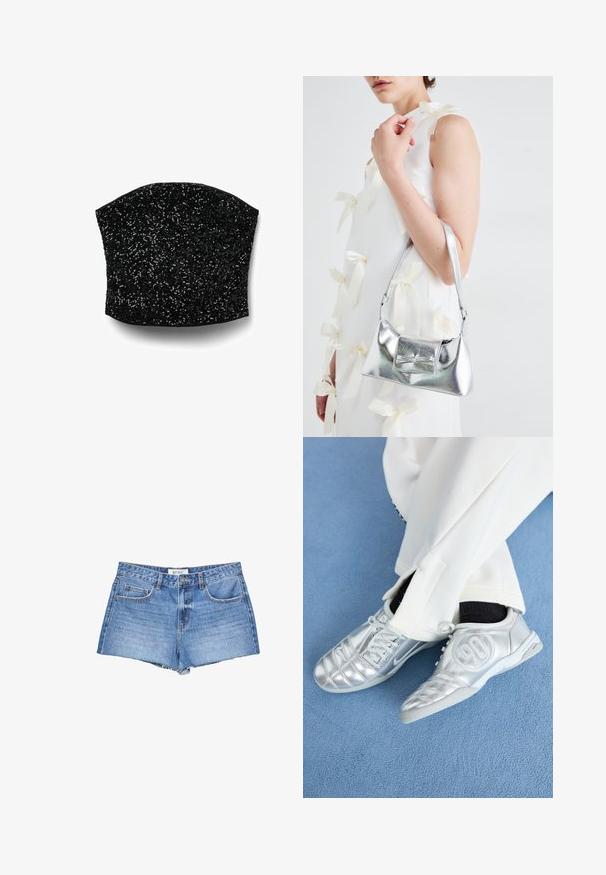 Schwarzes Pailletten-Corsagen-Top mit strukturierter Form, glatter Textur und figurbetontem Design. Verfügt über schimmernde Pailletten in einem fließenden Muster.; Jeans-Shorts in hellblauer Waschung mit fransigem Saum, klassischem Fünf-Taschen-Design und einem Knopfverschluss vorne.; Silberne Sportschuhe mit einer glatten, glänzenden Oberfläche, die ein genähtes Design und die Nummer 90 an der Seite aufweisen, kombiniert mit weißen Hosen.; Silberne metallische Handtasche mit strukturierter Form, ausgestattet mit einem oberen Griff und einer Schleifenapplikation auf der Vorderseite. Glatte Textur, reflektierendes Finish.