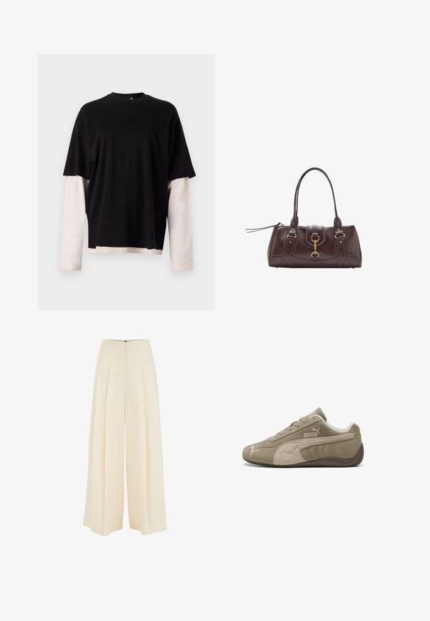 Czarna koszulka z krótkim rękawem z kontrastującą jasnobeżową koszulą z długim rękawem pod spodem. Bawełnowy materiał, luźny krój, okrągły dekolt i detale na boku.; Spodnie o szerokich nogawkach w jasnym beżowym kolorze, z plisowanym przodem, wysokim stanem i gładką fakturą. Brak widocznych elementów metalowych lub wzorów.; Zamszowe sneakersy w jasnobrązowym kolorze z ciemniejszymi akcentami, charakteryzujące się niskim profilem, sznurowanym zapięciem oraz logiem marki z boku.; Ciemnobrązowa skórzana torebka z dwoma górnymi uchwytami, złotymi akcentami metalowymi, detalem z zatrzaskiem z przodu oraz wyszywanymi teksturami po bokach.