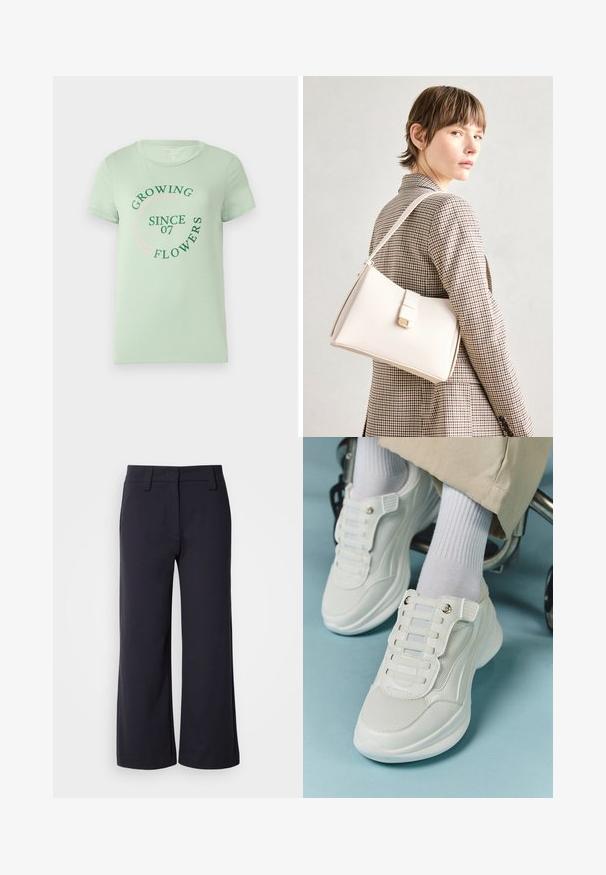 Světle zelené bavlněné tričko s krátkým rukávem. Na přední straně je kulatý text: "Pěstování květin od 07" v zelené a růžové barvě. Zaoblený výstřih.; Kalhoty širokého střihu v tmavě modré látce. Mají plochý přední díl, poutka na opasek a boční kapsy. Materiál je hladký s mírným strečem.; Bílé tenisky s materiálem z mešové tkaniny, gumovou podrážkou, bezšňůrovým designem s elastickými pásky a zlatými akcenty.; Bílá kožená kabelka se strukturálním designem, s magnetickým uzávěrem a ramenním popruhem, prezentovaná na neutrálním pozadí.