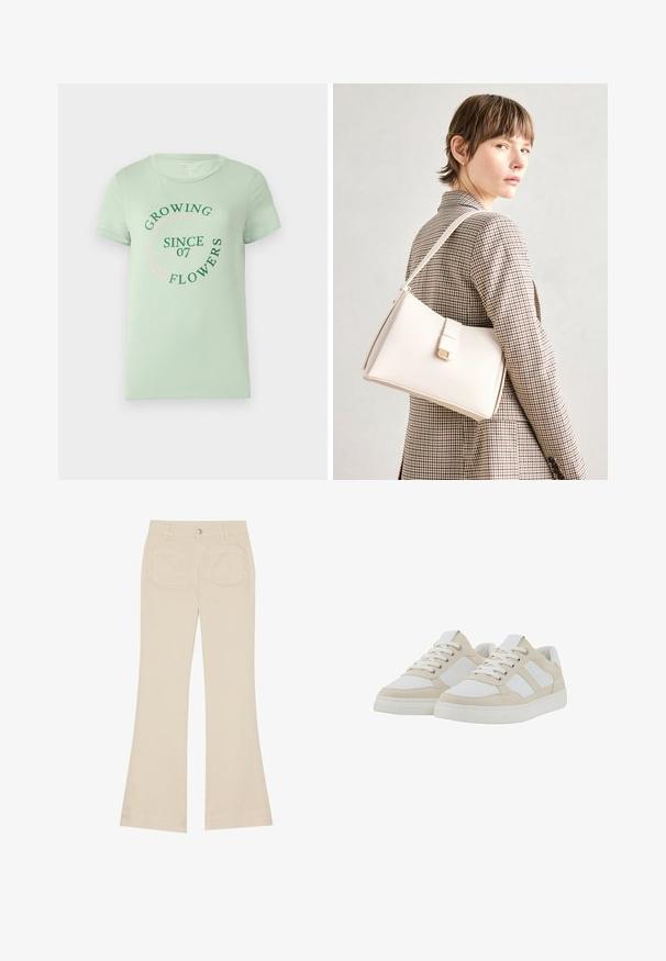 Tricou din bumbac verde deschis, cu mâneci scurte. Pe față are un text circular: "Creștem Flori din 07" în verde și roz. Guler rotund.; Pantaloni bej evazați cu talie înaltă, realizati dintr-un materiale din bumbac. Prezintă buzunare frontale și posterioare, găici pentru curea și un singur nasture argintiu.; Adidași bej și albi cu un broderie texturată, închidere cu șireturi și guler căptușit. Caracteristici: trei dungi albe pe lateral și talpă din cauciuc.; Geantă de mână din piele albă cu un design structurat, având o închidere magnetică și un breteau, expusă pe un fundal neutru.