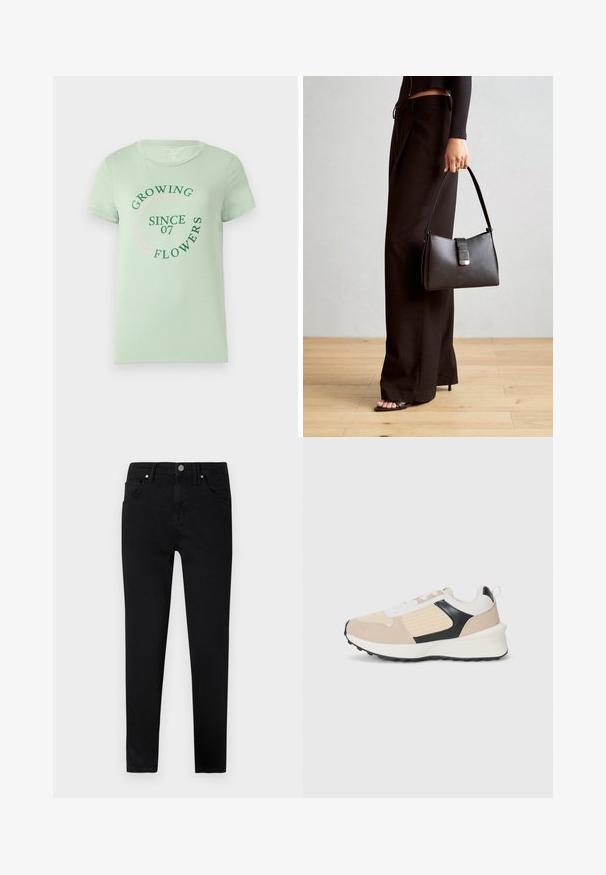 Hele roheline puuvillane särk lühikeste varrukatega. Ees on ümmargune tekst: "Kastame lilli alates 07" rohelises ja roosas. Ümar kaelus.; Mustad denim teksad kitsas lõikes, esi nööpide sulgemisega, vöötlukudega ja klassikalise viie tasku disainiga. Sile tekstuur.; Beezha suede'iga ülosa, mustade aksentide, valgete paelte ja tekstuuritud beeži külgpaneliga tennisemud. Paks valge vahepealne tald ja must välistald.; Must musta kott, millel on struktureeritud kuju, sile tekstuur ja metallist klamber. Kombineeritud laiate mustade pükstega ja avatud varvaste sandaalidega puidust põrandal.