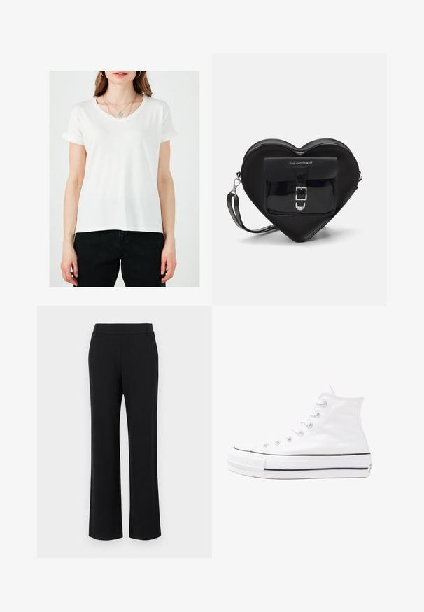 White v-neck t-shirt with rolled short sleeves, made of soft fabric. Features a straight cut and is worn with black pants.; Black, flared trousers with a smooth texture, mid-rise waistband, and side pockets. Simple design without patterns or embellishments.; White high-top canvas sneaker with black rubber sole, front rubber toe cap, and six eyelets for laces, featuring a clean, minimalist design.; Black heart-shaped bag made of patent leather with a front pocket featuring a buckle closure and a detachable strap. Silver hardware accents.