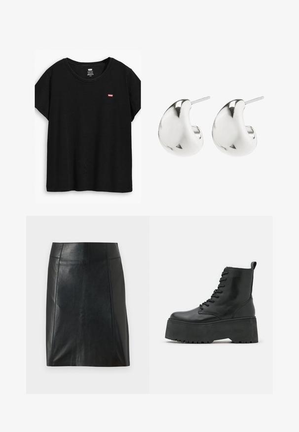 Czarna koszulka z krótkim rękawem, wykonana z miękkiego materiału, z okrągłym dekoltem i małym czerwonym logo Levi's po lewej stronie.; Czarna skórzana spódnica o dopasowanym kroju. Gładka tekstura, szwy podkreślające kształt i prosty dół. Minimalistyczny i elegancki wygląd.; Czarne botki do kostki z grubą platformą, wykonane z gładkiej skóry, z sznurowanym zapięciem i pętelką z tyłu.; Srebrne kolczyki w kształcie studów o gładkim, zaokrąglonym wzorze. Posiadają wypolerowane wykończenie oraz zapięcie w formie sztyftu, zapewniające bezpieczeństwo noszenia.