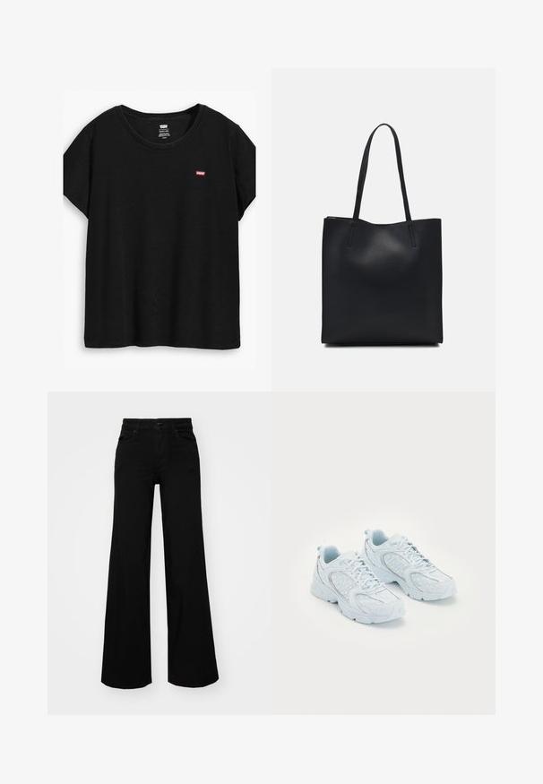 Czarna koszulka z krótkim rękawem, wykonana z miękkiego materiału, z okrągłym dekoltem i małym czerwonym logo Levi's po lewej stronie.; Czarne szerokie spodnie dżinsowe z usztywnionym pasem, szlufkami na pasek i kieszeniami z przodu. Gładka faktura o klasycznym fasonie.; Jasnoniebieskie buty sportowe z siateczkową i syntetyczną cholewką, ozdobione białymi kropkami i odblaskowymi akcentami, z zapięciem na sznurowadła oraz amortyzującą podeszwą.; Czarna skórzana torba tote o gładkiej fakturze, prostokątnym kształcie i dwóch długich uchwytach. Brak widocznych elementów metalowych i ozdób.