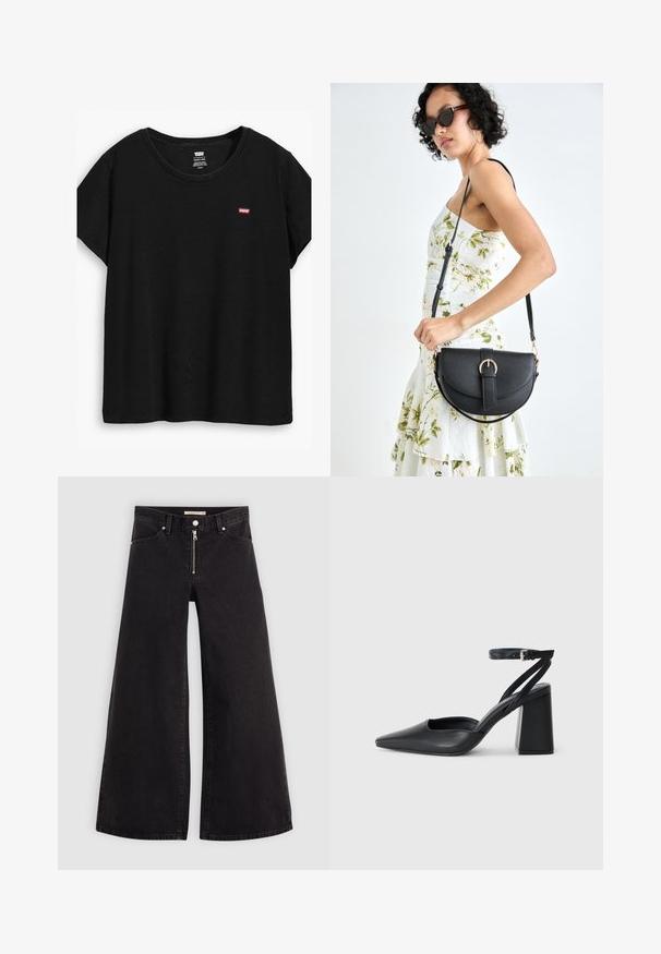Tricou negru cu mânecă scurtă, fabricat dintr-un material moale, cu un decolteu rotund și un mic logo roșu Levi's pe partea stângă.; Jeans cu picioare largi din denim negru, cu fermoar în față, design cu cinci buzunare și detalii subtile de cusătură. Textură netedă și stil casual.; Pantofii cu toc ascuțit din piele neagră, cu breteaua pentru glezne și toc gros. Textură netedă, design elegant și estetică minimală.; Geantă din piele neagră, cu o formă curbată, curea detașabilă și accesorii aurii. Geanta are un capac cu un detaliu tip cataramă.