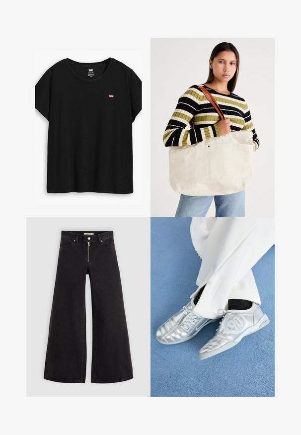 Čierne tričko s krátkymi rukávmi vyrobené z mäkkého materiálu, s okrúhlym výstrihom a malým červeným logom Levi's na ľavej strane.; Dlhé nohavice vo voľnom strihu z čierneho denimu so zipsom vpredu, päť vrecúškovým dizajnom a jemnými stehovými detailmi. Hladká textúra a neformálny štýl.; Strieborné atletické topánky s hladkým, lesklým povrchom, zdobené prešitím a číslom 90 na boku, skombinované s bielymi nohavicami.; Veľká béžová plátená taška s hnedými koženými popruhmi, ktorá sa vyznačuje minimalistickým dizajnom a viditeľnými opatreniami šitia.