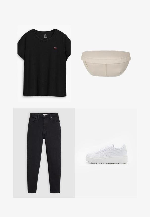 Czarna koszulka z krótkim rękawem, wykonana z miękkiego materiału, z okrągłym dekoltem i małym czerwonym logo Levi's po lewej stronie.; Czarne dopasowane dżinsy z zapięciem na guzik i zamek, pięć kieszeni i szlufki na pasek na jasnoszarym tle.; Białe sneakersy na platformie o gładkiej skórzanej fakturze, z perforowanymi detalami i płaskimi sznurowadłami; mają grube białe gumowe podeszwy.; Beżowa torba o zaokrąglonym kształcie, z płaskim wierzchem i subtelnymi szwami. Zawiera minimalistyczne logo oraz boczny pasek.