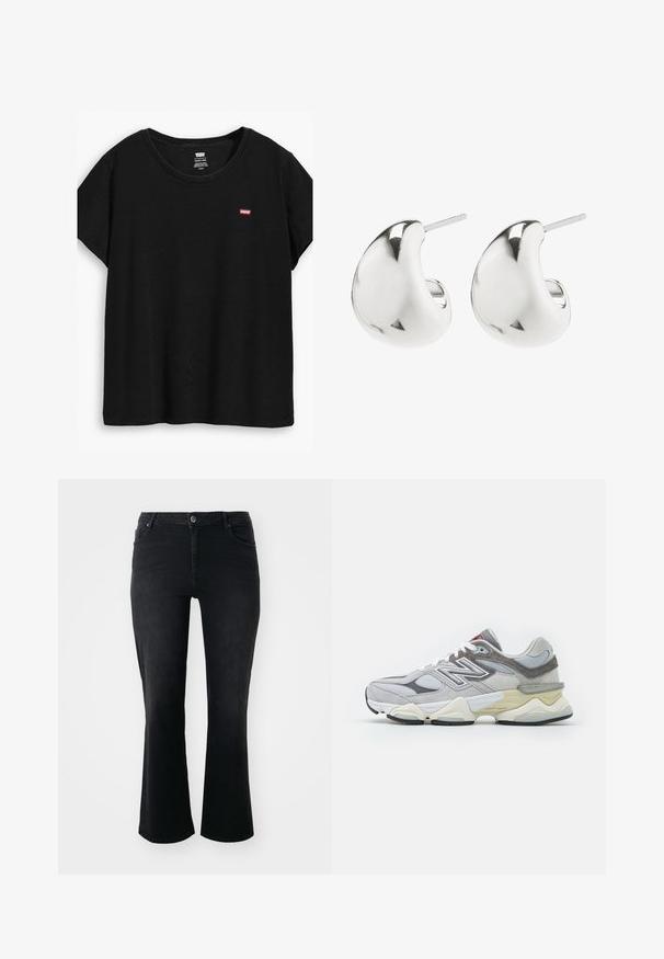 Čierne tričko s krátkymi rukávmi vyrobené z mäkkého materiálu, s okrúhlym výstrihom a malým červeným logom Levi's na ľavej strane.; Čierne denimové džínsy s polovičným pásom, predným gombíkom, dvoma prednými vreckami, dvoma zadnými vreckami a rozšíreným strihom nohavíc.; Šedé semišové a sieťové tenisky s hrubou bielou a béžovou podošvou, ktoré majú výrazné biele logo a červené akcenty.; Strieborné náušnice vo forme kolíkov s hladkým, zakriveným dizajnom. Majú lesklý povrch a zapínanie na kolík pre bezpečné nosenie.
