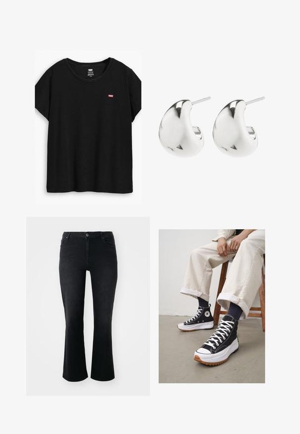 Black short-sleeve t-shirt made of soft fabric, featuring a round neckline and a small red Levi's logo on the left side.; Black denim jeans with a mid-rise waist, front button, two front pockets, two back pockets, and flared leg cut.; High-top black sneakers with white laces and rubber toe cap. Thick white sole with a textured brown outsole, worn with navy striped socks.; Silver stud earrings with a smooth, curved design. They feature a polished finish and a post backing for secure wear.